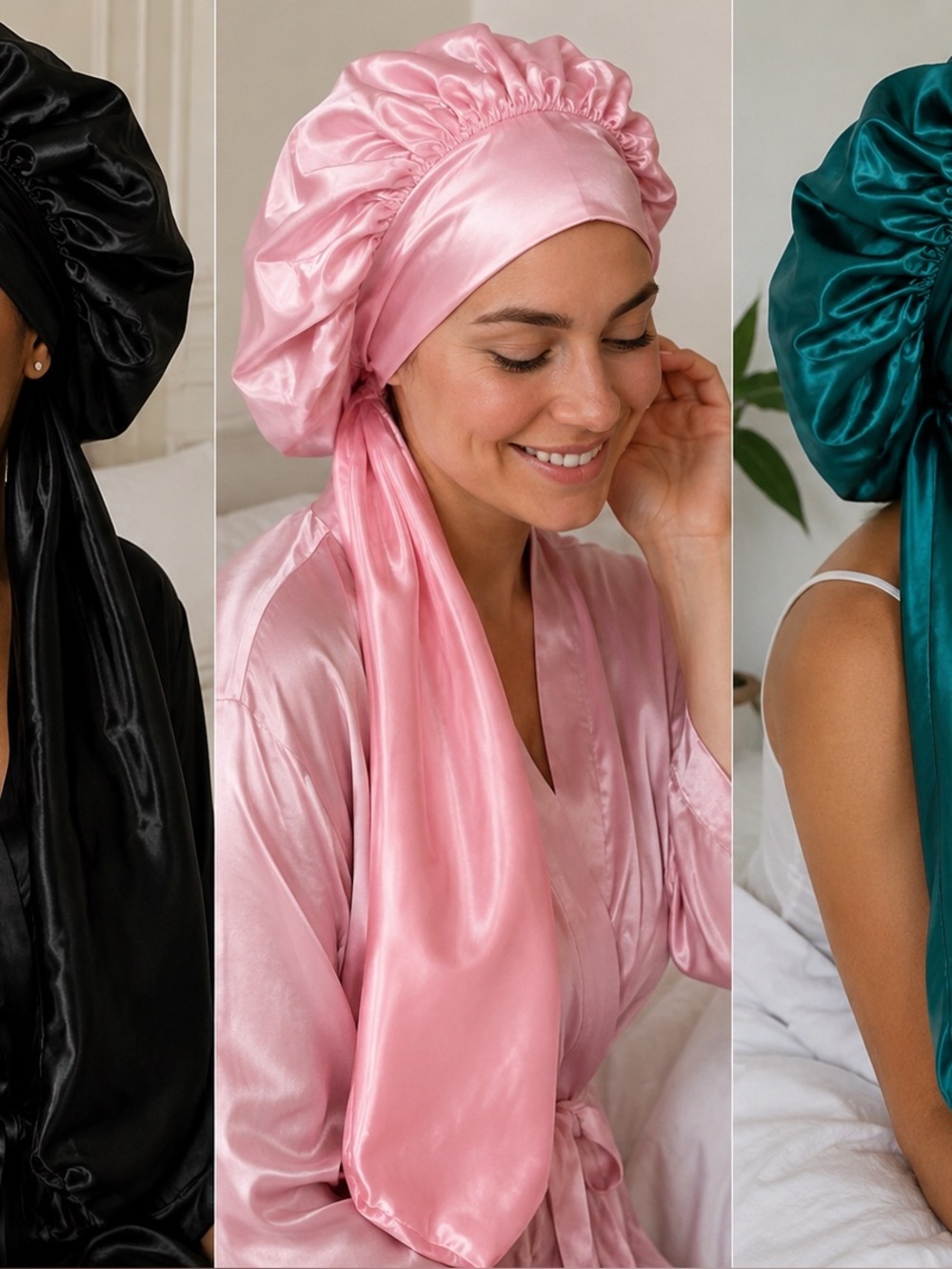 Satin Ruched Hair Bonnet Trio - Pink, Black & Teal